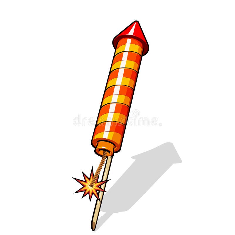 Fireworks Rocket in Cartoon Style with Burning Explosive Fuse and