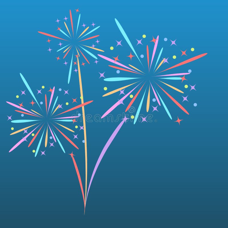 Fireworks rocket explodes in colored stars. Design element on isolated blue background. Abstract vector illustration. vector illustration Fireworks rocket explodes in colored stars. Design element on isolated blue background. Abstract vector illustration. vector illustration