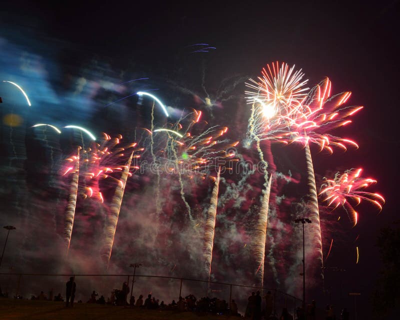 Fireworks Show Over a Crowd in Moore, OK Stock Photo Image of