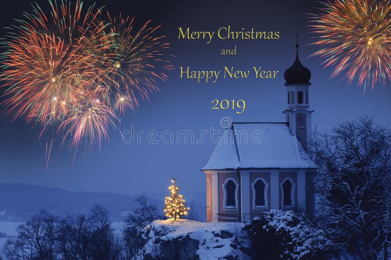 Fireworks at Silvester and new year`s day 2019 at romantic chapel royalty free stock photos Fireworks at Silvester and new year`s day 2019 at romantic chapel royalty free stock photos