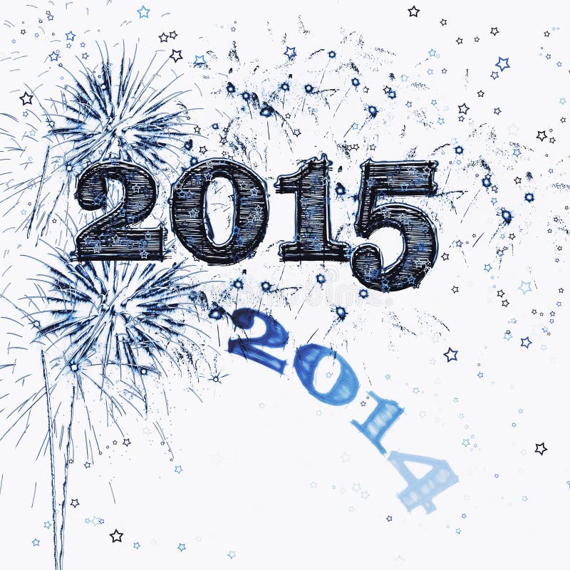 Blu brillante fuochi d'artificio e le stelle illustrazione grafica celebrare la Felice notte di capodanno del 2015 e la fine del 2014, come scivola via e l'anno nuovo e un nuovo inizio comincia.