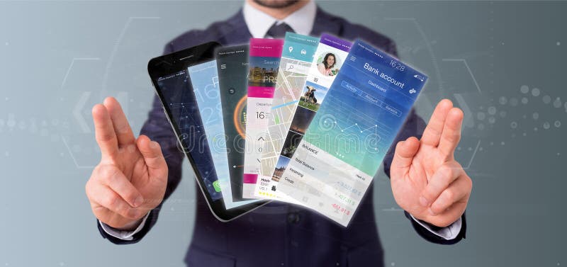Firma przechowująca szablon aplikacji mobilnej w renderowaniu 3w przez smartfon royalty ilustracja