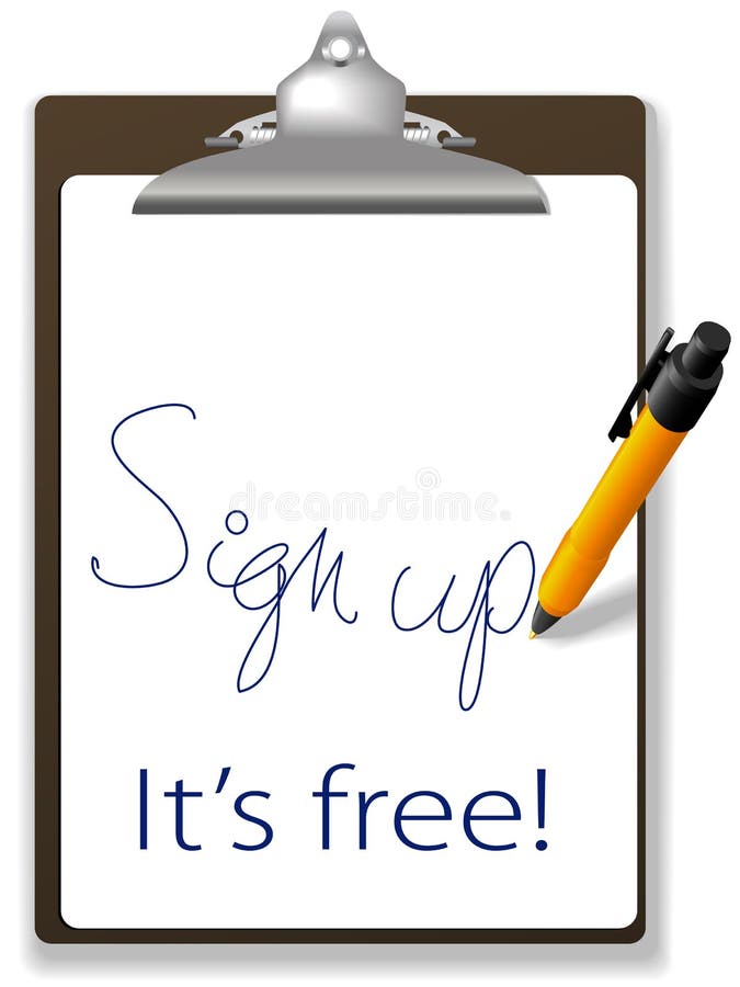 Clipboard and pen icon invites guests to click link and sign up for free to join your website, add text and graphics in background copy space. Clipboard and pen icon invites guests to click link and sign up for free to join your website, add text and graphics in background copy space.