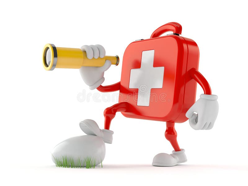 First aid kit character looking through a telescope royalty free illustration First aid kit character looking through a telescope royalty free illustration