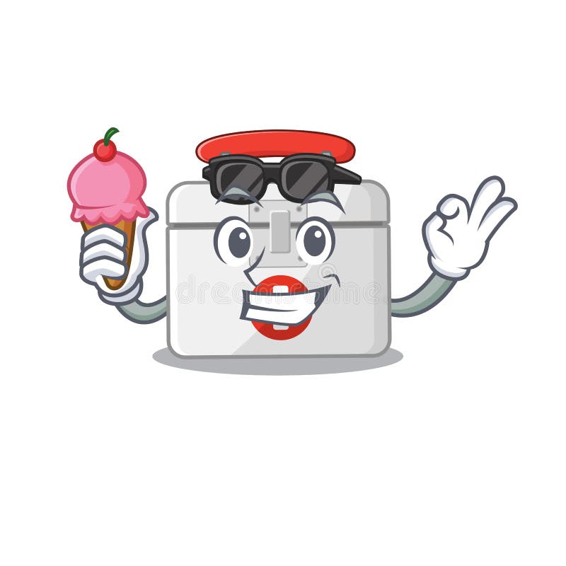 First Aid Kit Mascot Cartoon Design with Ice Cream Stock Vector