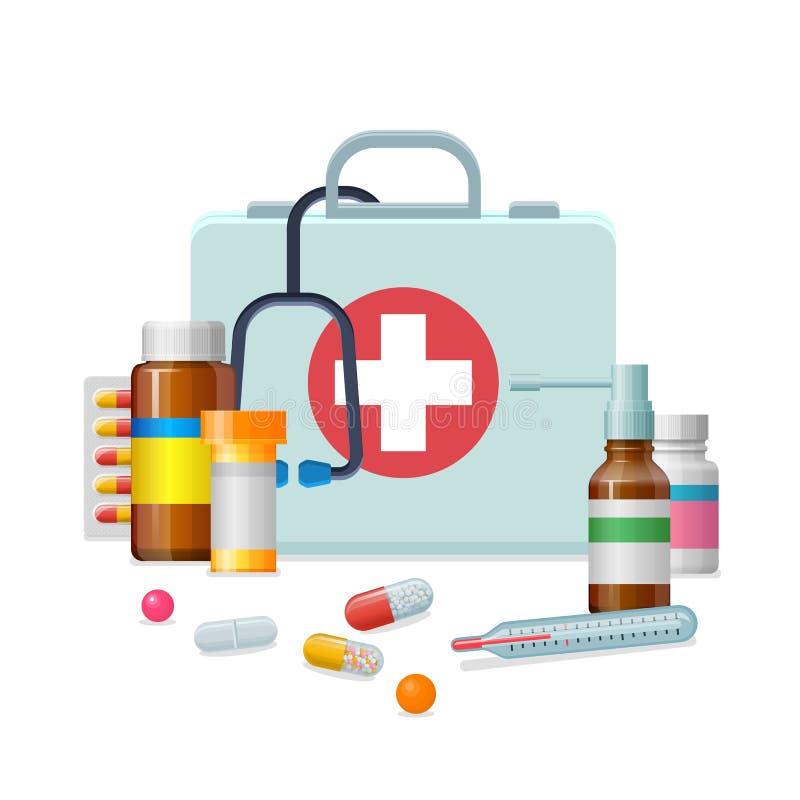 First aid kit medicine cartoon style isolated