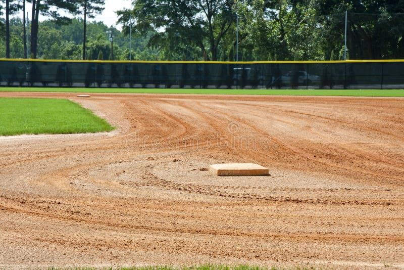 A freshly graded baseball field with first base in dirt. A freshly graded baseball field with first base in dirt