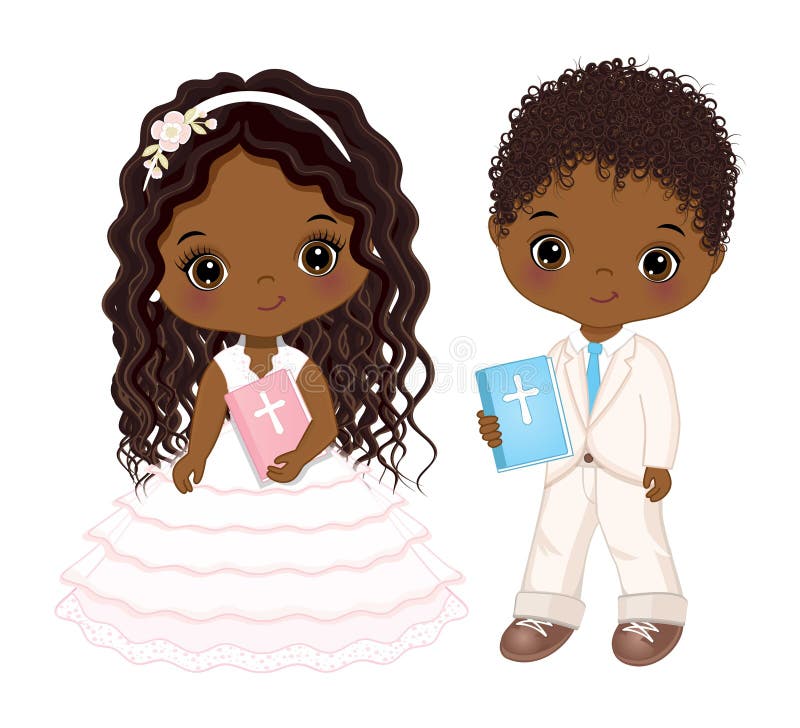 First Communion for African American Kids. Vector 1st Communion for Cute Little Black Girl and Boy