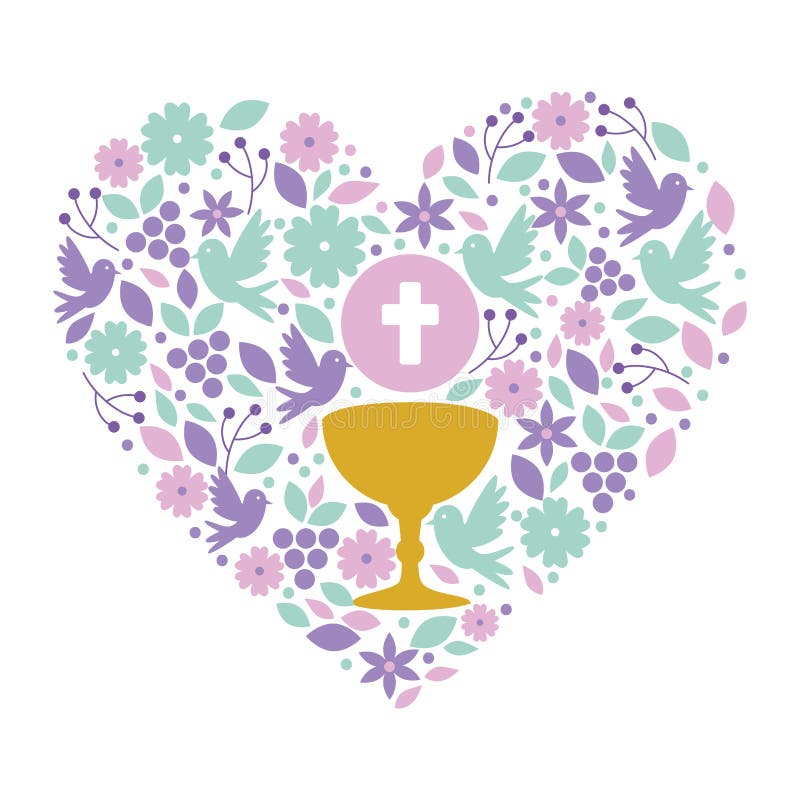 First communion in chalice with floral heart decoration