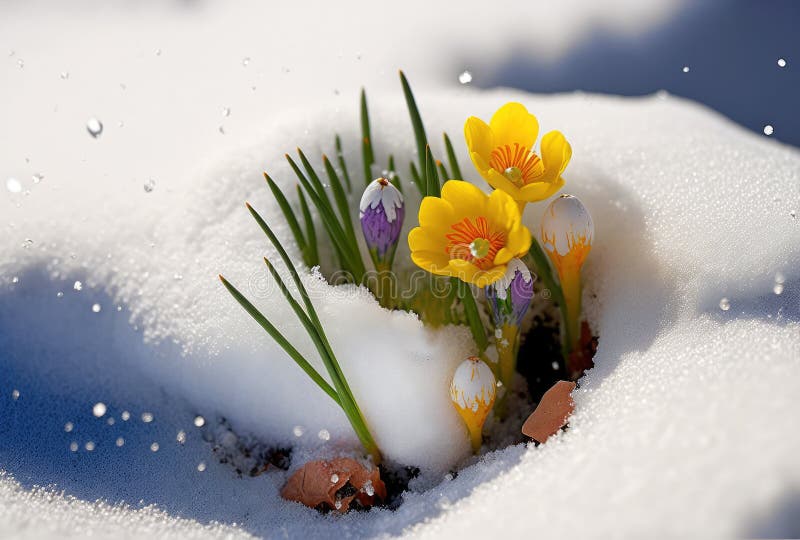 First Flower, Snowdrops Growing from Snow, Spring Begins. Generative AI