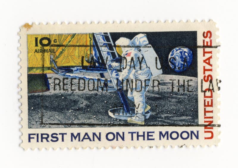 A 10 cents stamp celebrating the first man on the moon. A 10 cents stamp celebrating the first man on the moon