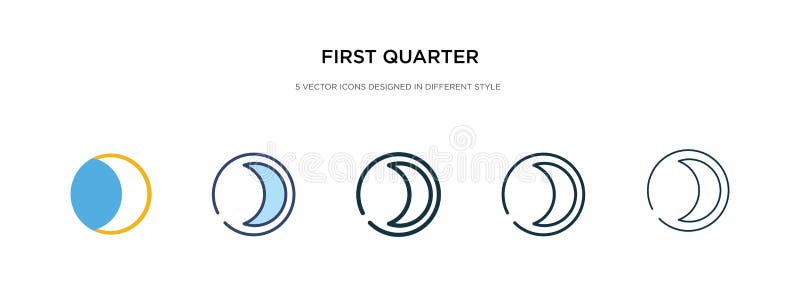 First quarter icon in different style vector illustration. two colored and black first quarter vector icons designed in filled,. Outline, line and stroke style