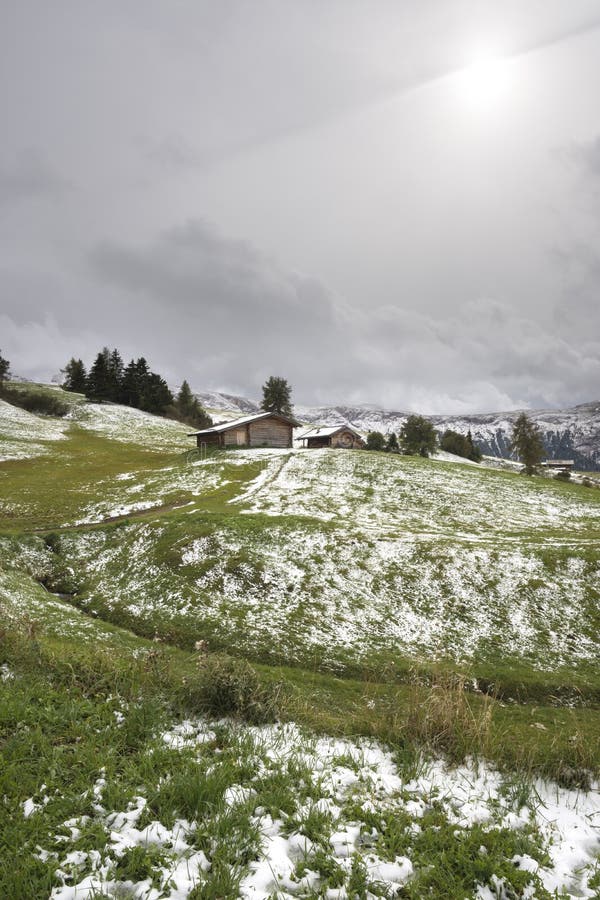 First snow on landscape in Siusi Alps in Trentino Alto Adige