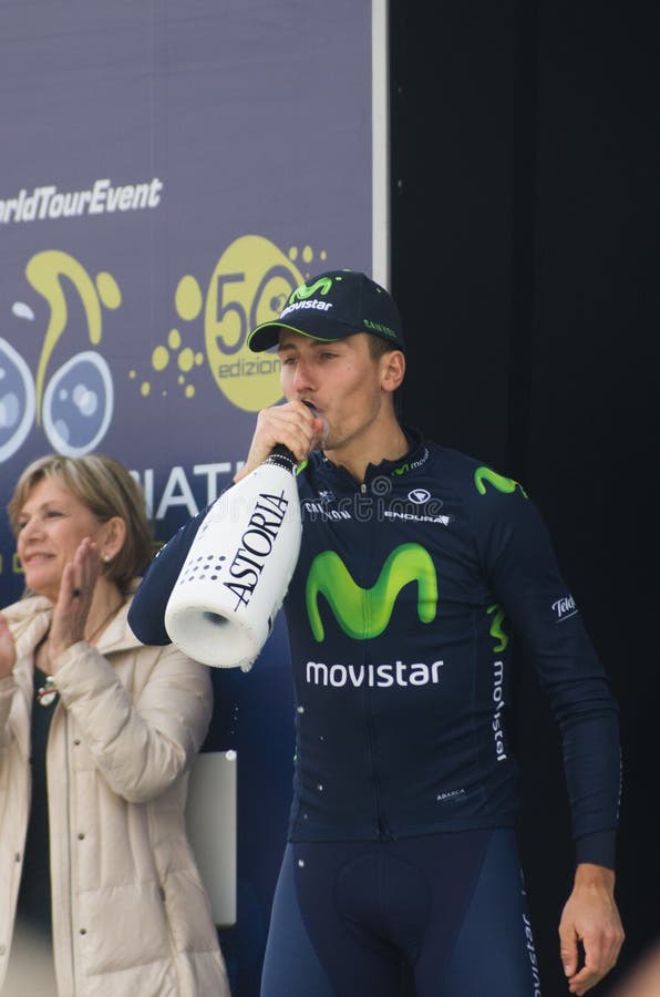 LIDO DI CAMAIORE, LUCCA - MARCH 11: The italian and winner of the race Adriano Malori celebrate the success and Blue shirt as leader during the First stage of Tirreno Adriatica raceon the 11th march, 2015,in Lido di camaiore, Lucca.