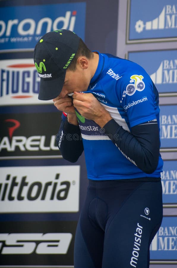 LIDO DI CAMAIORE, LUCCA - MARCH 11: The italian and winner of the race Adriano Malori celebrate the success and Blue shirt as leader during the First stage of Tirreno Adriatica raceon the 11th march, 2015,in Lido di camaiore, Lucca.