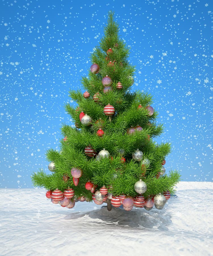 Firtree with Xmas decoration during snowfall vector illustration