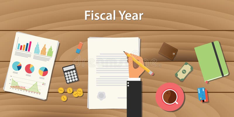 Fiscal year concept illustration with business man working on some paper document graph chart money wooden table vector illustration