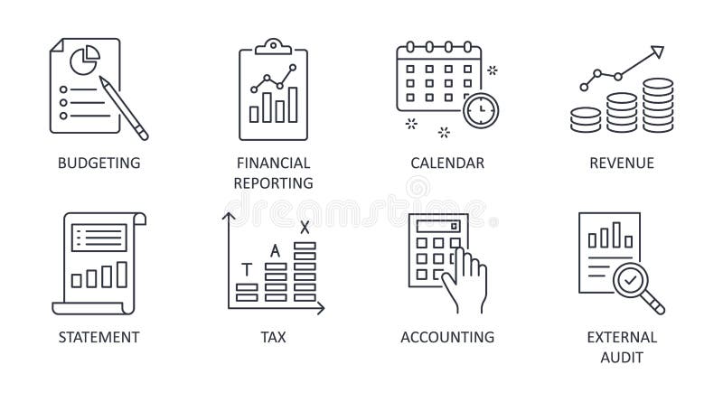 Fiscal year vector icons. Business finance company signs. Editable stroke. Financial reporting budgeting statement revenue.