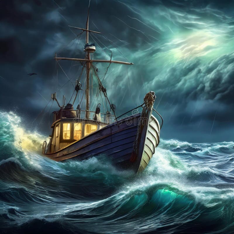 Fischerboot in einem stürmischen Meer mit stürmischem Himmel im Hintergrund stock abbildung