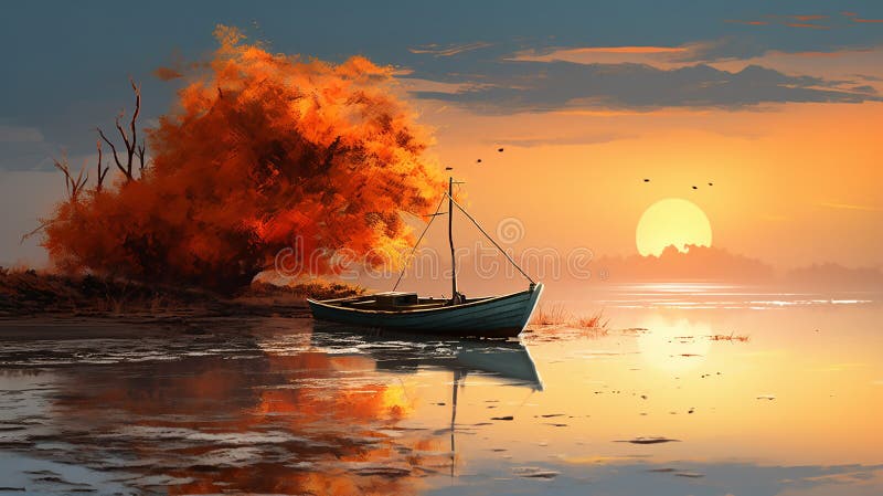 Fischerboot in Strandnähe mit Herbstfarben und orangefarbenem Sonnenuntergang. Landschaftsfischboot mit digitaler Kunst in Strandnähe mit Herbstfarben und orangefarbenem Sonnenuntergang