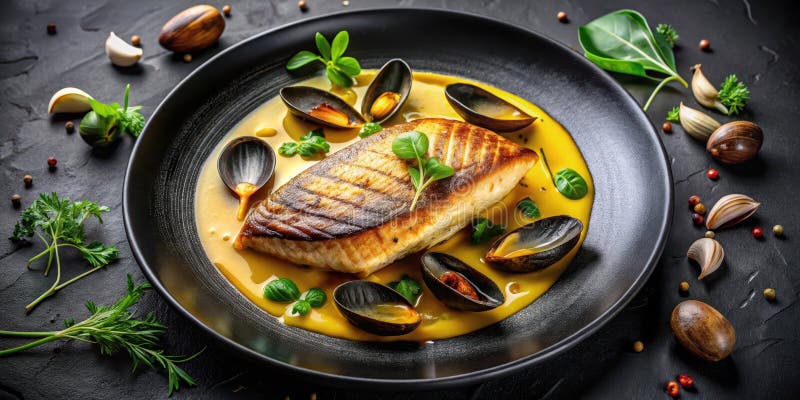 Fischfilet gegrillt in cremiger Safransoße mit Muscheln und Kräutern auf einem dunklen Teller. vektor abbildung