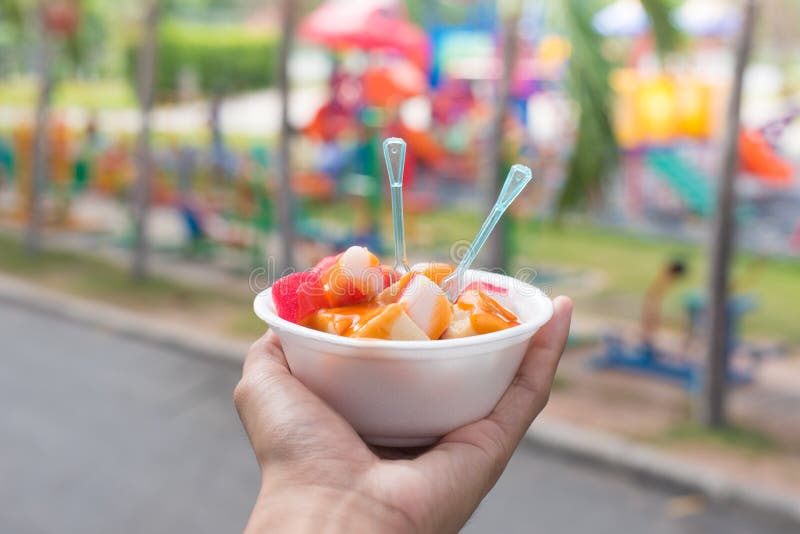 Fish Ball and Artificial Crab Meat with a Park Background. Stock Photo