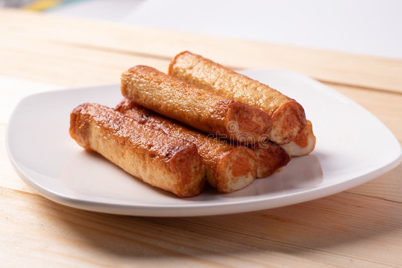 Fish Ball Fried with Dipping Sauce on a Blue Napkin Stock Photo Image