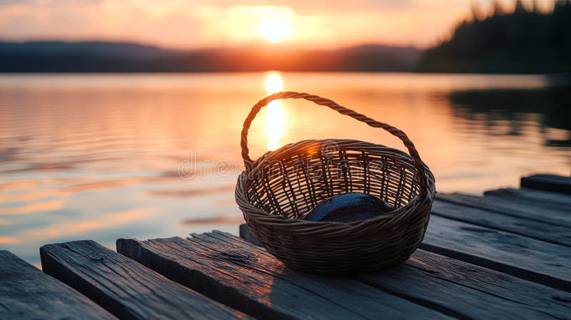 Fish basket on dock at sunrise. royalty free stock image