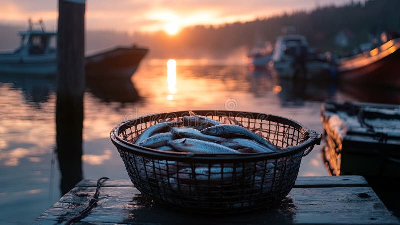 Fish basket on dock at sunrise. royalty free stock photography