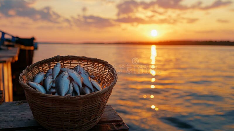 Fish basket on dock at sunrise. stock photo