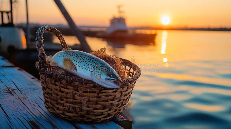 Fish basket on dock at sunrise. stock images