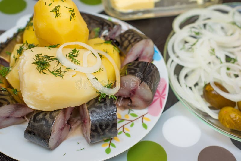 Fish and boiled potatoes stock photo. Image of onions 36243202