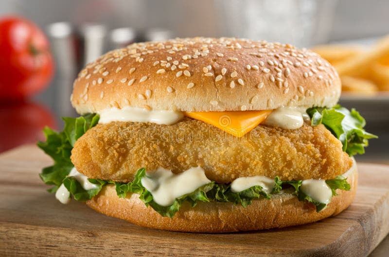 Fish burger with cheese, lettuce, and mayonnaise. royalty free stock photo