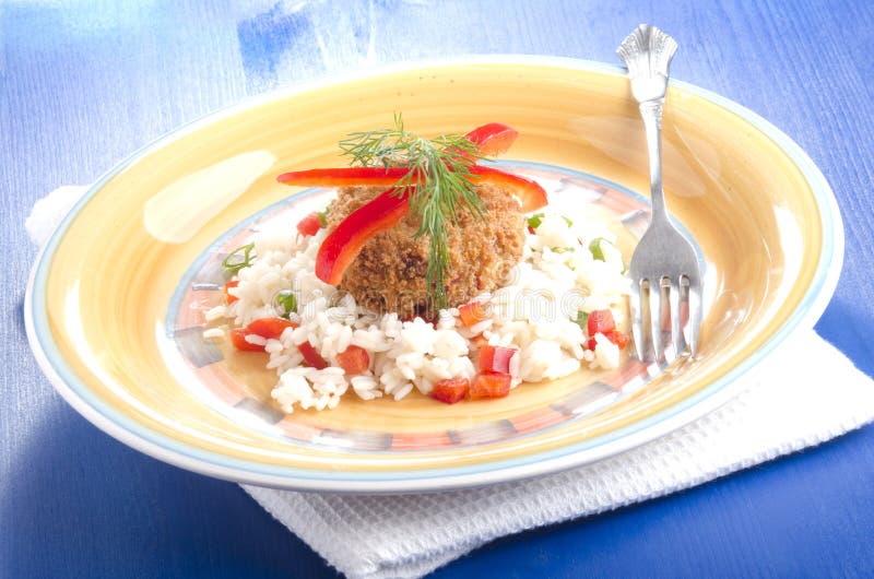 Fish Cake on Rice with Red Bell Pepper Stock Image Image of rice