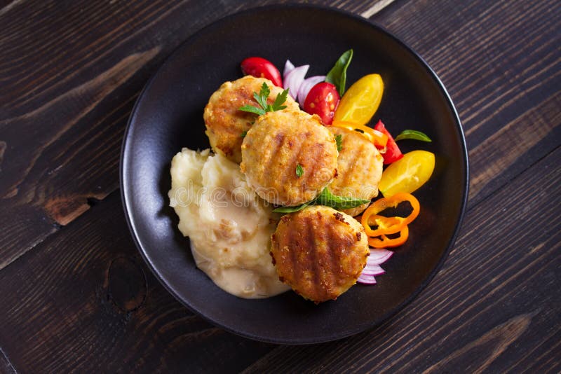 Fish Cakes with Mashed Potatoes and Vegetables. Fish Patties. Fried