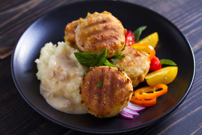 Fish Cakes with Mashed Potatoes and Vegetables. Fish Patties. Fried