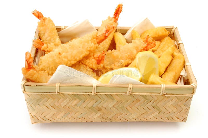 Breaded tiger prawns with chips in a basket. Crispy diet stock images, royalty-free photos and pictures