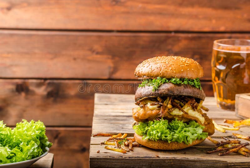 Fish and Chips Burger with grilled portobello