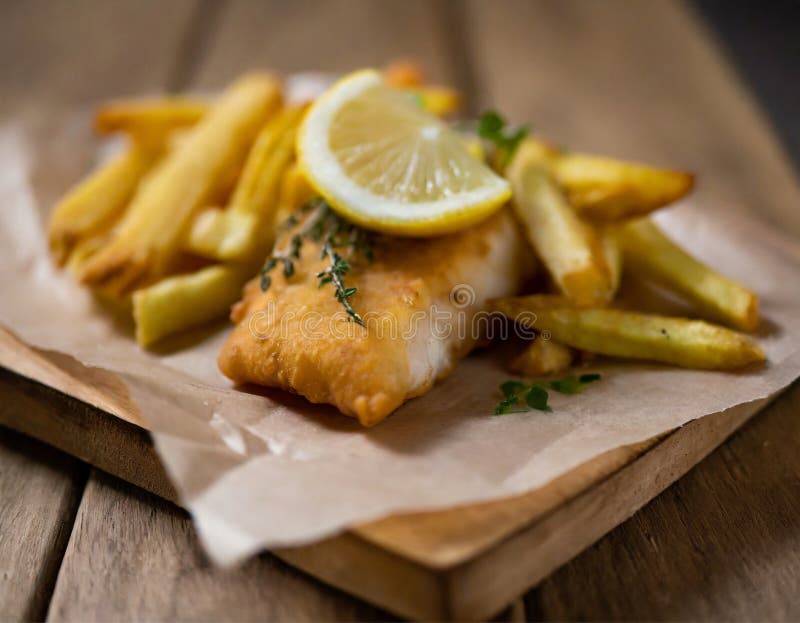 Fish and Chips, Cod Fillet in Breadcrumbs with Fries, on Paper, with
