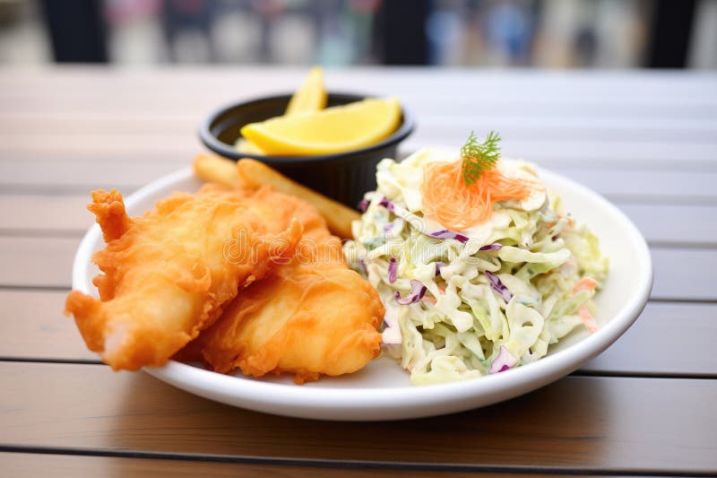 Fish and Chips with a Side of Coleslaw and Pickles Stock Image Image of traditional, comfort