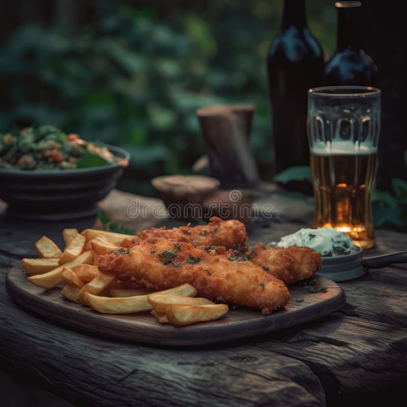 Fish and Chips on Stone in Rustic Pub. Generative AI Stock Illustration ...