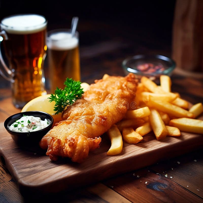Fish and chips tradicionales británicos con salsa de alquitrán y cerveza fría. fotografía de archivo