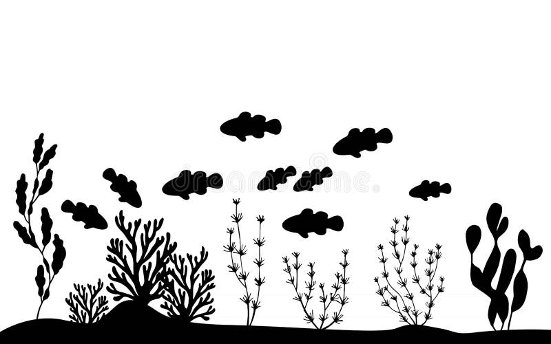 Fish clowns floating near seaweed on the sea bottom vector silhouette vector illustration