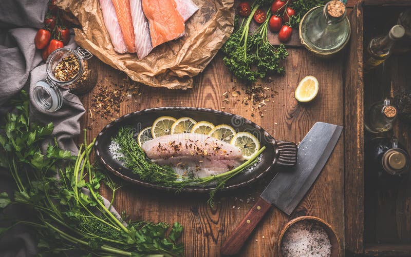 Fish cooking preparation with various fish fillets, baking pan in fish shape on rustic kitchen table background. Top view