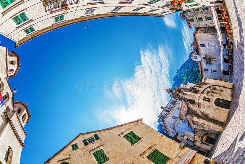 Fish-eye view of the old city on sky background royalty free stock image Fish-eye view of the old city on sky background royalty free stock image