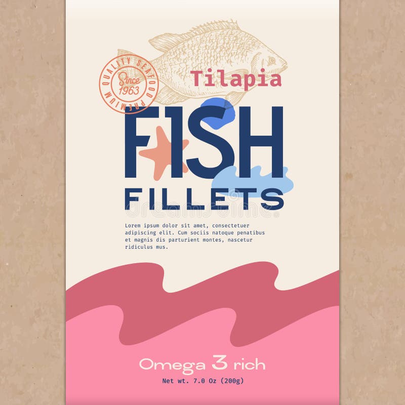 Fish Fillets. Abstract Vector Fish Packaging Design or Label. Modern Typography, Hand Drawn Tilapia Silhouette and