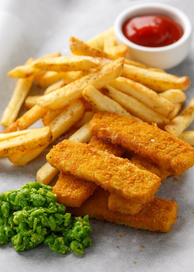 Fish Fingers, Mashed Peas and Chips Fries. Traditional British