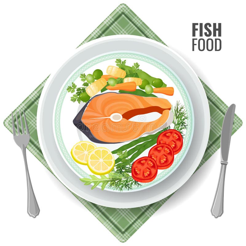 Fish food roasted salmon meat set vector illustration