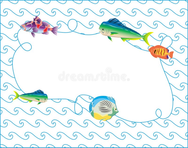 Fish Frame Blue Waves Vector Doodle Art