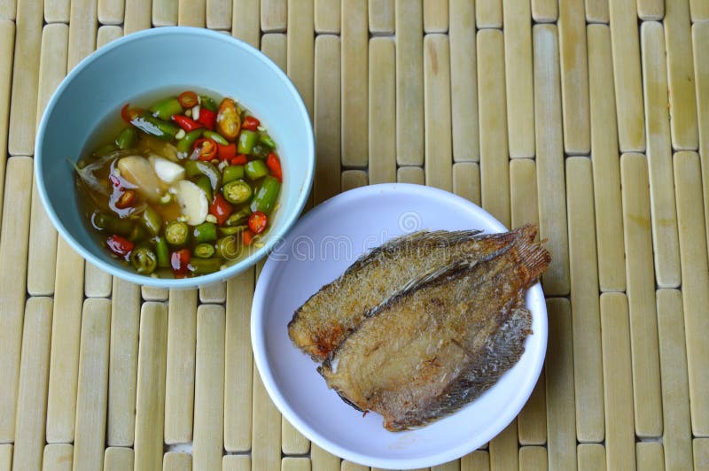 Fish Fry on Dish Dipping with Chili Sauce Stock Photo Image of